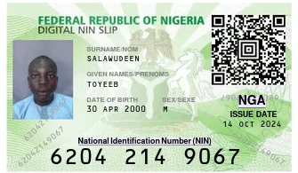 Example of an accepted digital National Identification Number slip