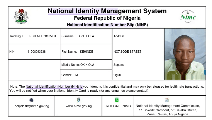 Example of an accepted paper National Identification Number slip